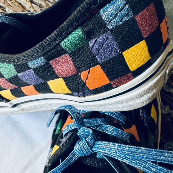Metallic Checkered Multicolored Vans, women’s size 7.5, with Blue Sparkled Laces - Picture 13 of 13